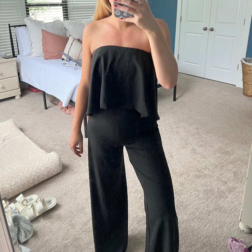 Black Strapless Jumpsuit with Ruffle detail - S
